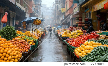 Vibrant Market Scene on a Rainy Day in India, Showcasing Rich Culture 127470090