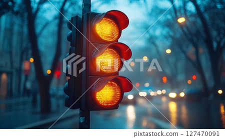 Illuminated traffic light casting a warm glow on a rainy city street 127470091