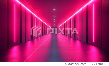 Vibrant pink illuminated corridor with vertical neon lights perspective 127470092