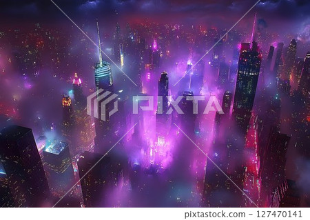 A Vibrant Cityscape Illuminated by Neon Lights and Fog 127470141