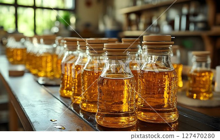 Rows of glass bottles filled with golden liquid on a rustic wooden surface Rows of glass bottles filled with golden liquid on a rustic wooden surface 127470280