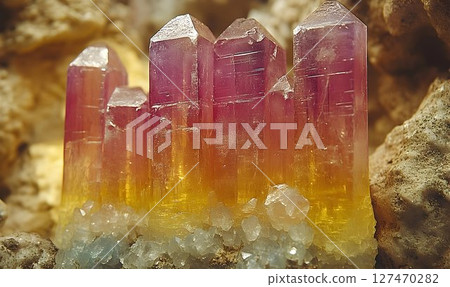 Bicolor Tourmaline Crystal Formation Displaying Gradient Hues In Natural Rock Setting Bicolor Tourmaline Crystal Formation Displaying Gradient Hues In Natural Rock Setting 127470282