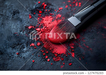 Crimson Touch: Close-Up of a Makeup Brush with vibrant red pigment detail 127470283