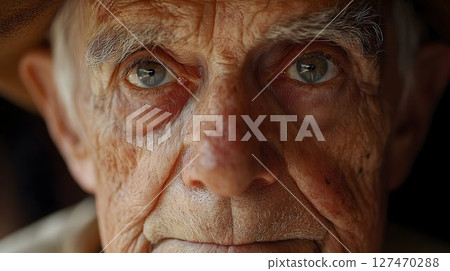 Focused close-up portrait of an elderly man conveying wisdom and experience 127470288