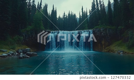 Cascading Waterfall in a Tranquil Forest Setting with Lush Greenery 127470332