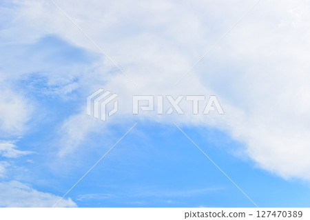beautiful blue sky and white fluffy group of clouds with sunrise in the morning, natural background 127470389