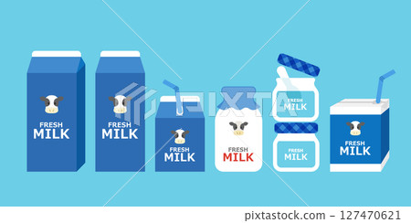 一套牛奶和優格容器（藍色、紙包裝、瓶子、向量插圖、牛） 127470621