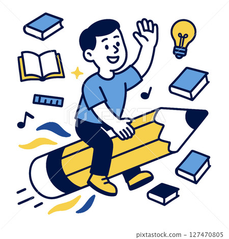 Child riding giant pencil, surrounded by books and lightbulb, expressing creativity and learning 127470805