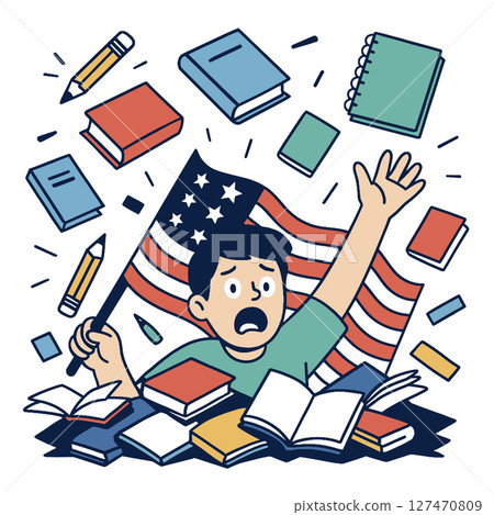 Student overwhelmed by books, waving American flag, expressing urgency and determination 127470809