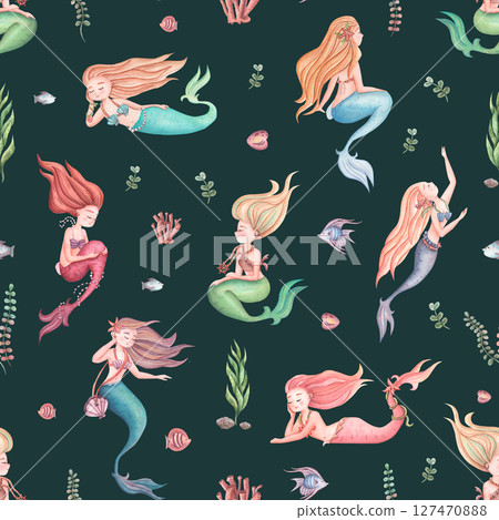 Delicate watercolor pattern on dark background with mermaids, shells, fish and seaweed. Seamless watercolor pattern for kids on the theme of sea life. 127470888