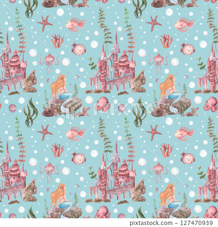 Delicate watercolor pattern in blue with mermaids, shells, fish and princess castle on blue background. Seamless watercolor pattern for kids on the theme of sea life. 127470939