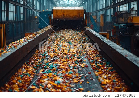 Automated sorting conveyor system processing recycled materials industrially Automated sorting conveyor system processing recycled materials industrially 127470995