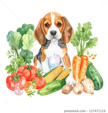 Watercolor illustration of summer vegetables and a beagle puppy 1 / Material for flyers and posters Watercolor illustration of summer vegetables and a beagle puppy 1 / Material for flyers and posters 127471129