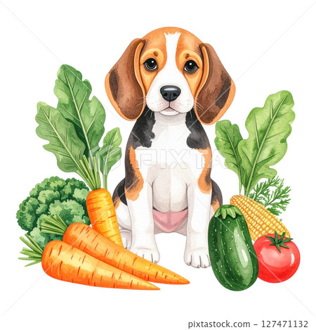 夏季蔬菜和小獵犬小狗的水彩插圖 4 / 傳單和海報材料 127471132