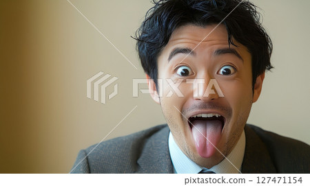 A businessman in a suit sticking out his tongue mockingly 127471154
