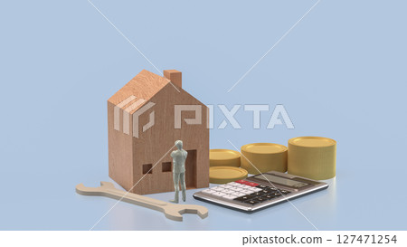 The Wood House and calculator for property or Building concept 3d Rendering. 127471254