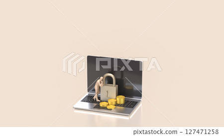 The Lock and coins on Laptop for Security concept 3d Rendering. The Lock and coins on Laptop for Security concept 3d Rendering. 127471258