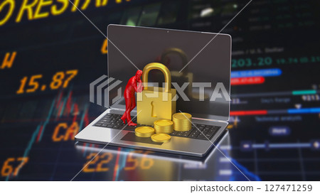 The Lock and coins on Laptop for Security concept 3d Rendering. The Lock and coins on Laptop for Security concept 3d Rendering. 127471259