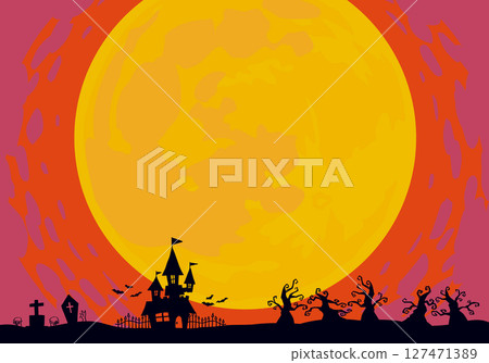 Hand-drawn Halloween background material with silhouettes of a mansion, a graveyard, and a forest of dead trees in the twilight of a full moon 127471389