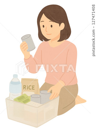 Disaster prevention illustration of a woman checking emergency supplies, illustration of a woman checking emergency food and water, preparing for summer disasters and heat stroke 127471408