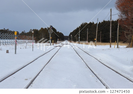 從落石站(北海道根室市)望去,白雪皚皚的花咲鐵軌正駛向根室方向。 從落石站(北海道根室市)望去,白雪皚皚的花咲鐵軌正駛向根室方向。 127471450