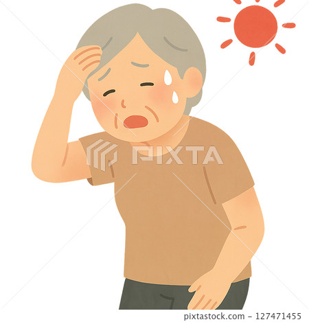 Illustration of heatstroke in an elderly woman who falls ill under the hot sun, an elderly woman complaining of dizziness in the strong sunlight, a woman suffering from the summer heat 127471455