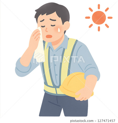 Illustration of a worker who is about to become ill due to the intense heat, a male field worker showing fatigue while wiping sweat, heatstroke in the hot sun Illustration of a worker who is about to become ill due to the intense heat, a male field worker showing fatigue while wiping sweat, heatstroke in the hot sun 127471457