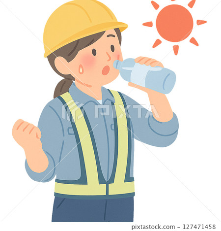 圖：一名女工在酷暑中補充水分，一名女工在烈日下大汗淋漓地喝水，一名女工戴著頭盔 127471458