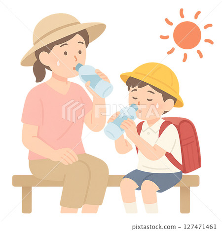 父母和孩子在烈日下補水、母子戴帽子喝水防中暑、夏日陽光的夏季對策插畫 127471461