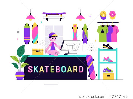 Skateboard Shop Vector Illustration Featuring a Shop That Sells Skateboards Equipment Such as Boards, Wheels, and Other Accessories Background 127471691
