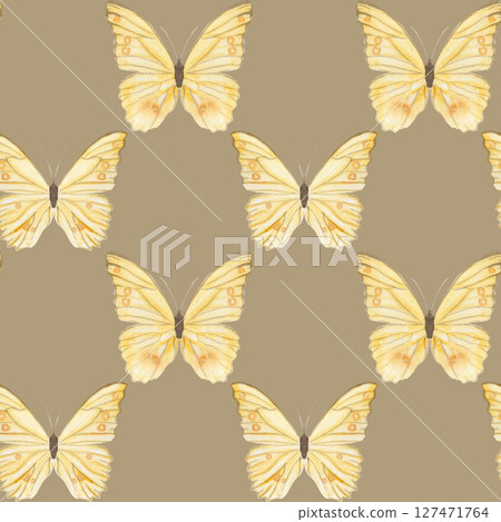 Yellow butterflies, delicate watercolor seamless pattern on taupe background. Ideal for textile design, wrapping paper, branding, eco packaging, stationery, wedding decor, digital projects. Hand 127471764