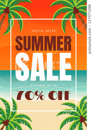 Summer Sale Banner with Palm Trees Flat Vector Illustration. 127471996