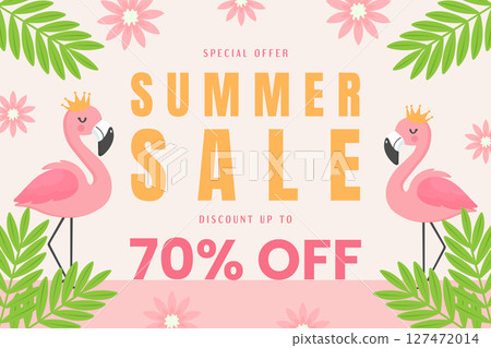 Pink Flamingo Summer Sale Banner with Flowers and Tropical Leaves Flat Vector Illustration. 127472014