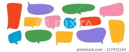 Colored hand drawn speech bubble collection. Doodled dialog box set. Scribbled textured marker comic talk frames. Red, yellow, green balloon text box bundle. Bright sketched chat box pack. Vector  127472144
