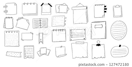 Memo page bullet journal note sketch, hand drawn doodle stickers office list box or frame. Comic planner reminder, set stationery design elements. Memo page bullet journal note sketch, hand drawn doodle stickers office list box or frame. Comic planner reminder, set stationery design elements. 127472180