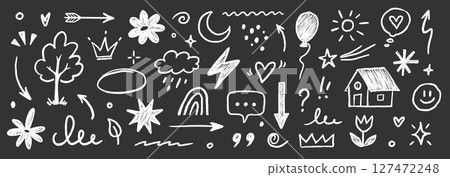 Hand drawn crayon chalk icon set. Cute flower, heart, cloud, star, crown and rainbow in colorful kid scribble style. Tree, house, smile, sun school sketch nature children design. Vector Hand drawn crayon chalk icon set. Cute flower, heart, cloud, star, crown and rainbow in colorful kid scribble style. Tree, house, smile, sun school sketch nature children design. Vector 127472248