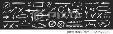 Hand drawn line brush icon set. Chalkboard underline, arrow, scribble, check mark and sketch element in chalk texture. Hand style shape, symbol, heart and star on blackboard. Vector 127472249