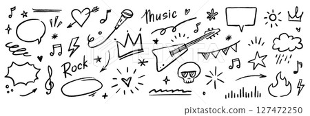Music star doodle icon punk rock set. Hand drawn music sketch guitar, microphone, skull. Fun graffiti star shape doodle arrow, crown, speech bubble grunge decoration elements. Vector 127472250