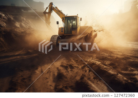 挖土機作業時揚起的塵土 127472360