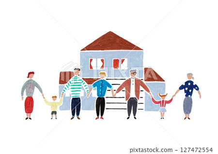 手繪插圖一家人手牽手，一起回家 127472554
