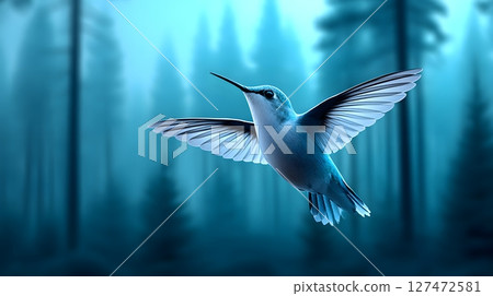 A beautiful hummingbird gracefully fluttering its wings in a serene forest environment, captured in stunning blue tones, showcasing the elegance of nature's wonders. 127472581