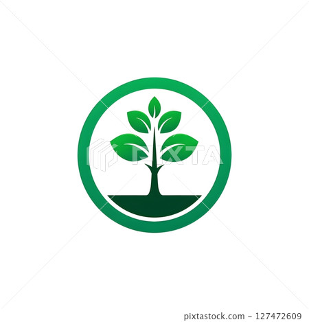 A minimalist green logo that represents nature and sustainability, featuring a stylized tree with leaves symbolizing growth, harmony, and the importance of environmental preservati 127472609