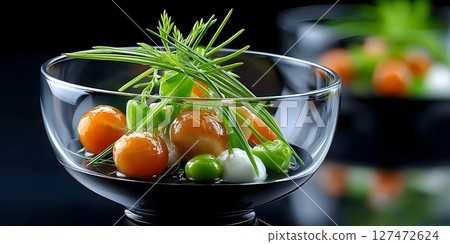 A beautifully arranged dish showcasing vibrant vegetables in a glass bowl, highlighting fresh colors and textures, perfect for culinary presentations and gourmet dining. 127472624