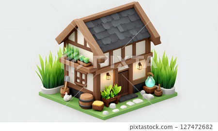 A charming miniature house with lush greenery, wooden elements, and decorative features, showcasing a cozy and inviting architectural style perfect for a serene environment. 127472682