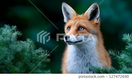 A close-up of a fox peering through lush green foliage. Its vibrant orange fur and expressive eyes showcase the beauty of wildlife in its natural habitat. 127472690