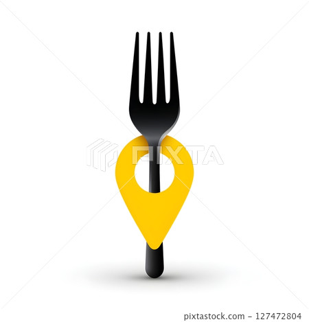 A creative illustration featuring a black fork integrated with a yellow location pin, symbolizing food discovery and culinary exploration in a modern dining context. 127472804