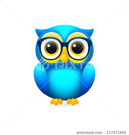 A cute blue owl with large glasses, symbolizing wisdom and intelligence. Perfect for educational themes, children's books, and creative designs. 127472809