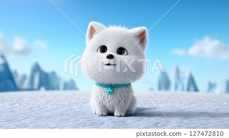 A cute, fluffy white puppy with a blue collar, sitting in a snowy landscape. The joyful expression captures the essence of innocence and playfulness in nature's beauty. 127472810
