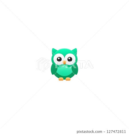 A cute green cartoon owl with large expressive eyes, ideal for children's content and educational materials. Perfect for depicting wisdom, nature, or simply for fun visuals. 127472811