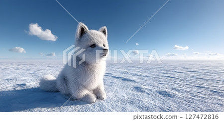 A cute, fluffy white fox sitting gracefully on a snowy landscape. Bright blue sky enhances the serene atmosphere, capturing the essence of winter and wild beauty in nature. 127472816